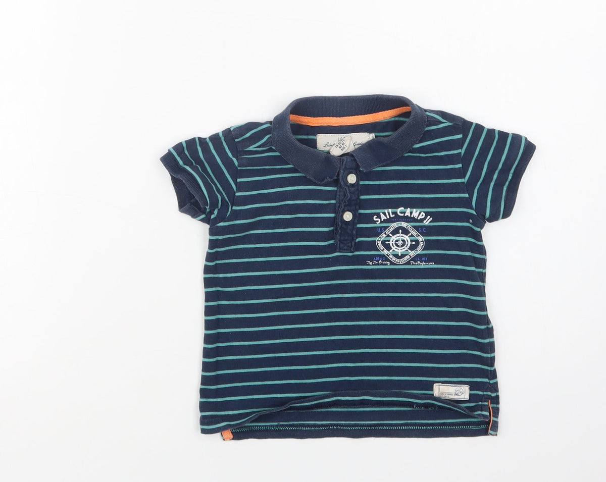 Front view of H&M Baby Green Striped Cotton Basic Polo, size 9-12, Months Collared Button