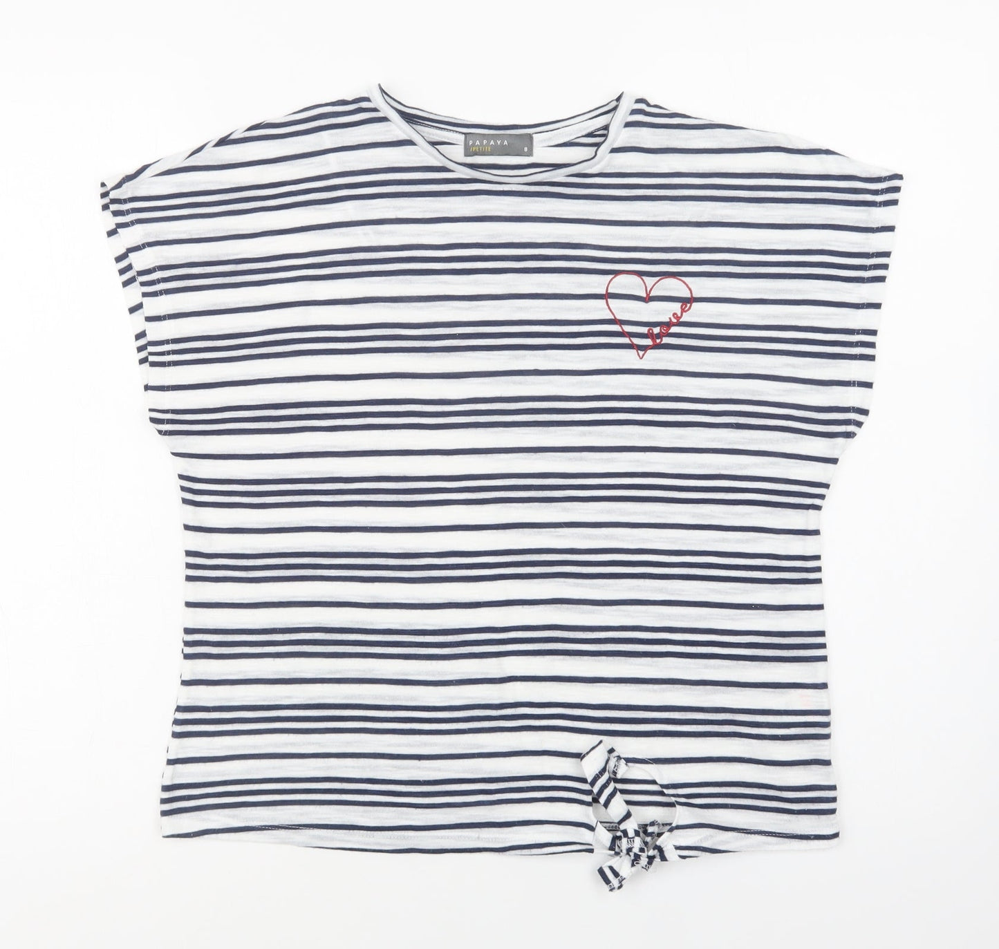 Papaya Womens White Striped Polyester Basic Blouse Size 8 Crew Neck