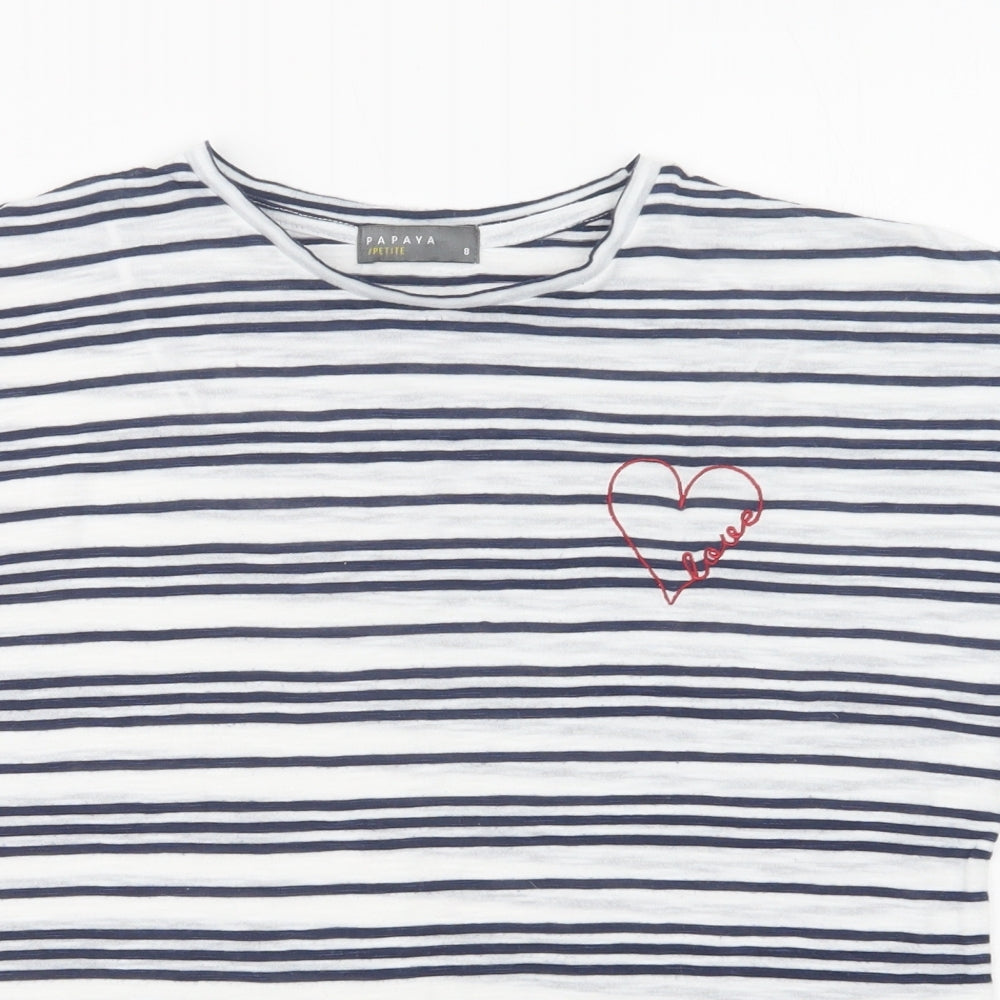 Papaya Womens White Striped Polyester Basic Blouse Size 8 Crew Neck