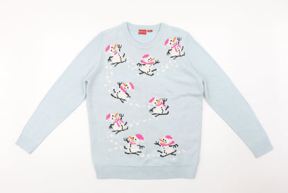 Avenue Womens Blue Crew Neck  Acrylic Pullover Jumper Size M   - Snowmen