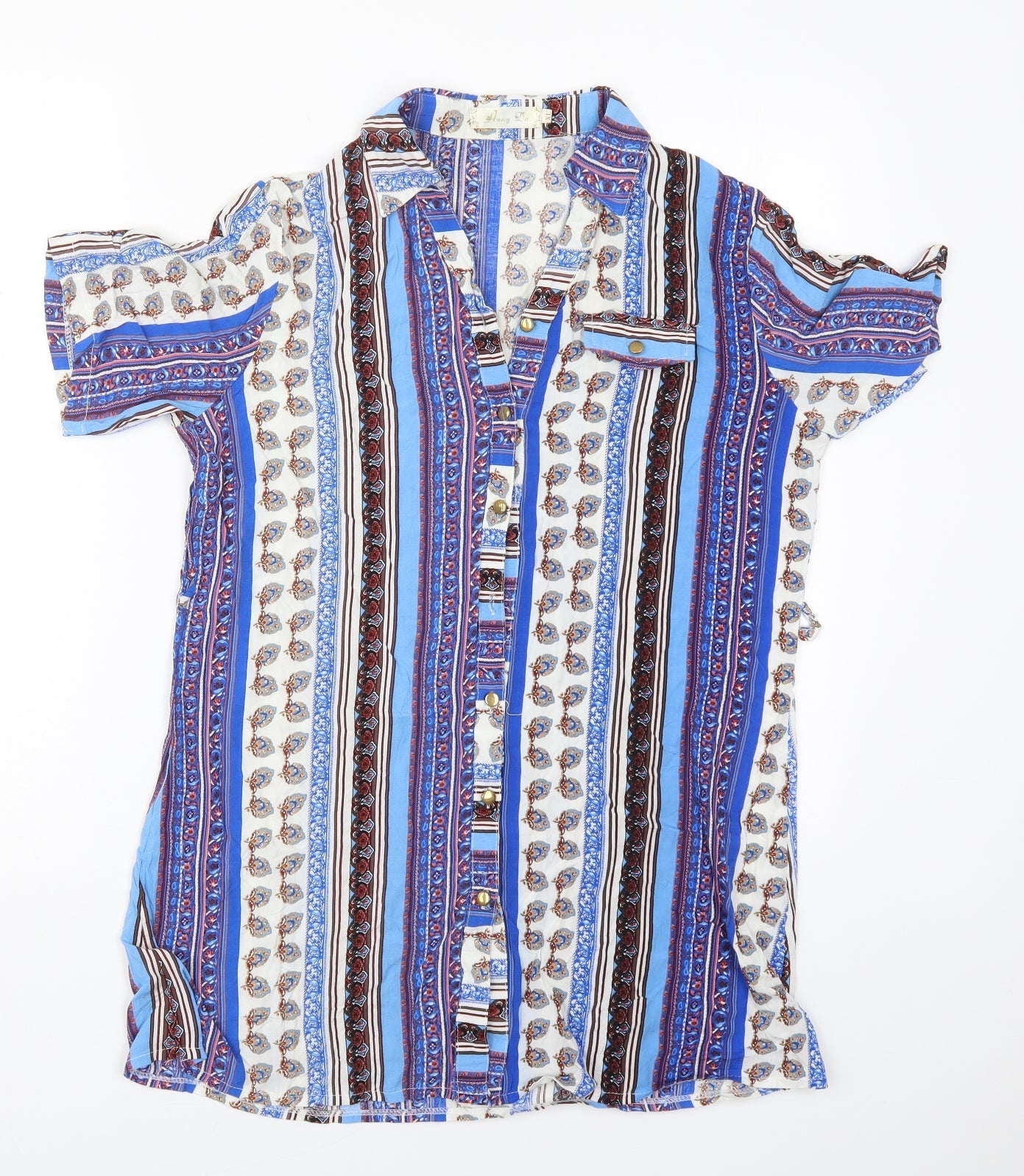 Hong Da Womens Blue Geometric Polyester Basic Button-Up Size XL Collared