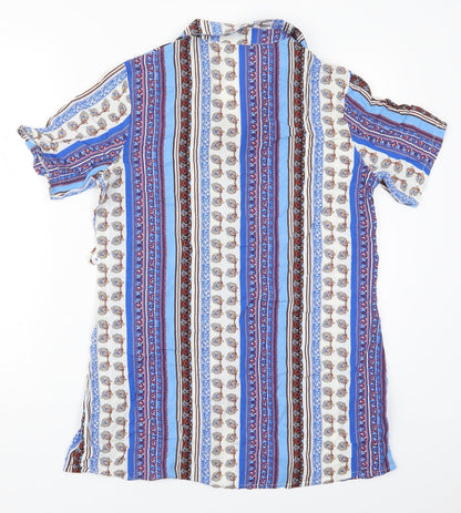 Hong Da Womens Blue Geometric Polyester Basic Button-Up Size XL Collared