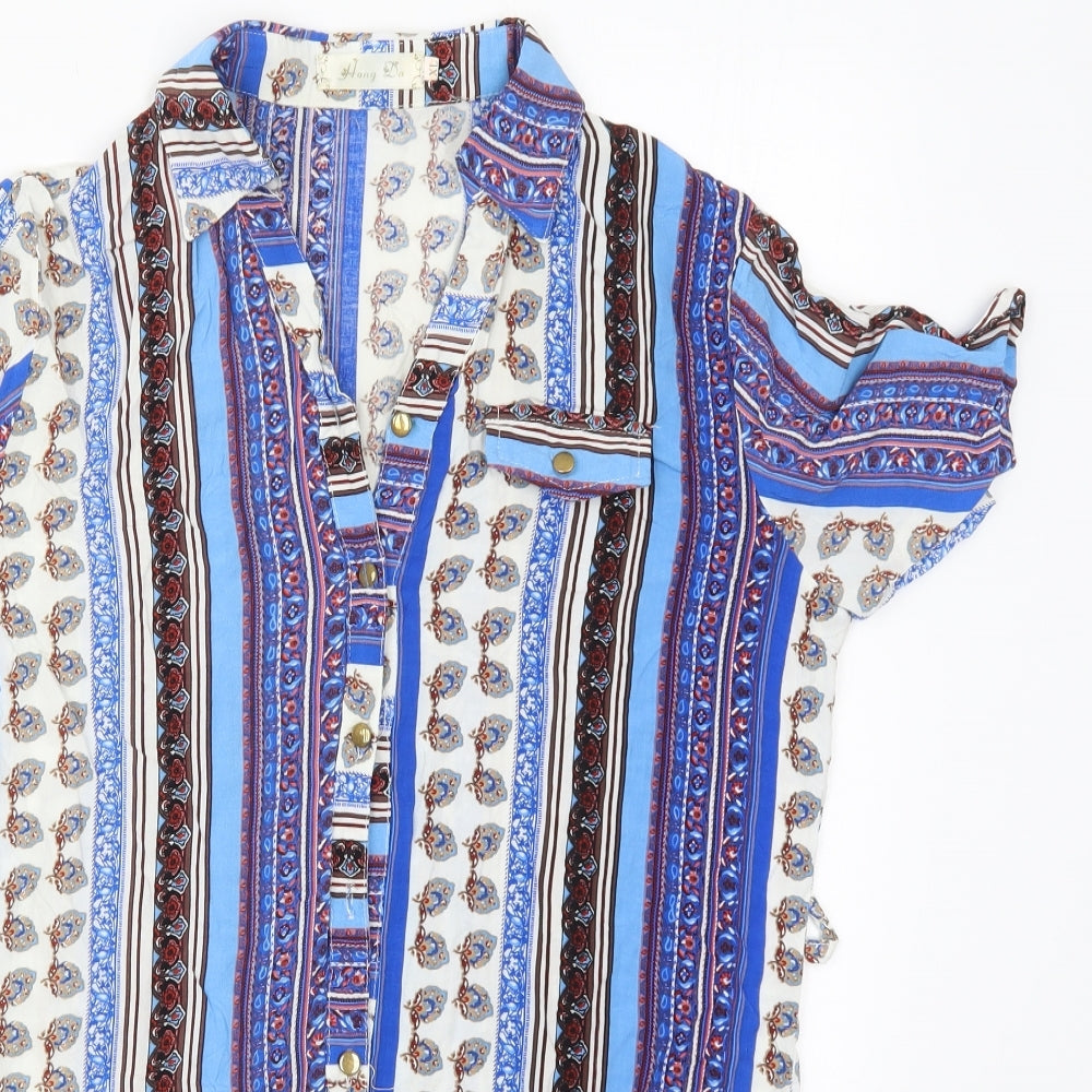 Hong Da Womens Blue Geometric Polyester Basic Button-Up Size XL Collared