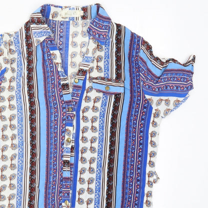 Hong Da Womens Blue Geometric Polyester Basic Button-Up Size XL Collared