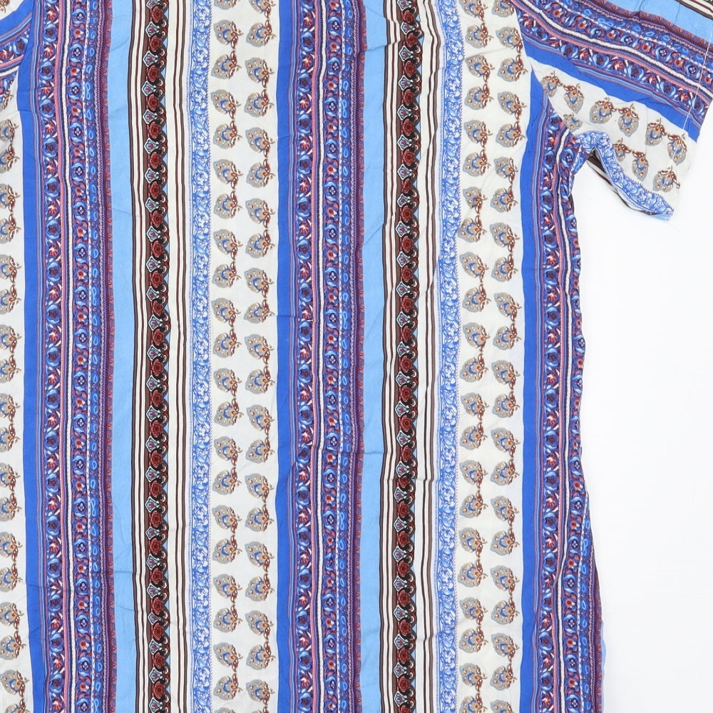 Hong Da Womens Blue Geometric Polyester Basic Button-Up Size XL Collared