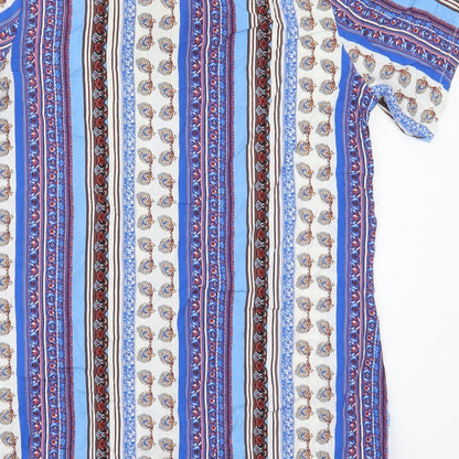 Hong Da Womens Blue Geometric Polyester Basic Button-Up Size XL Collared