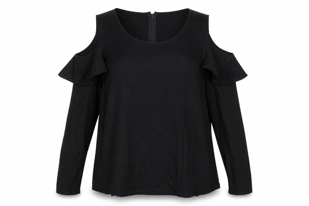 Front view of Just Fab women’s black viscose basic blouse, size XL, round neck