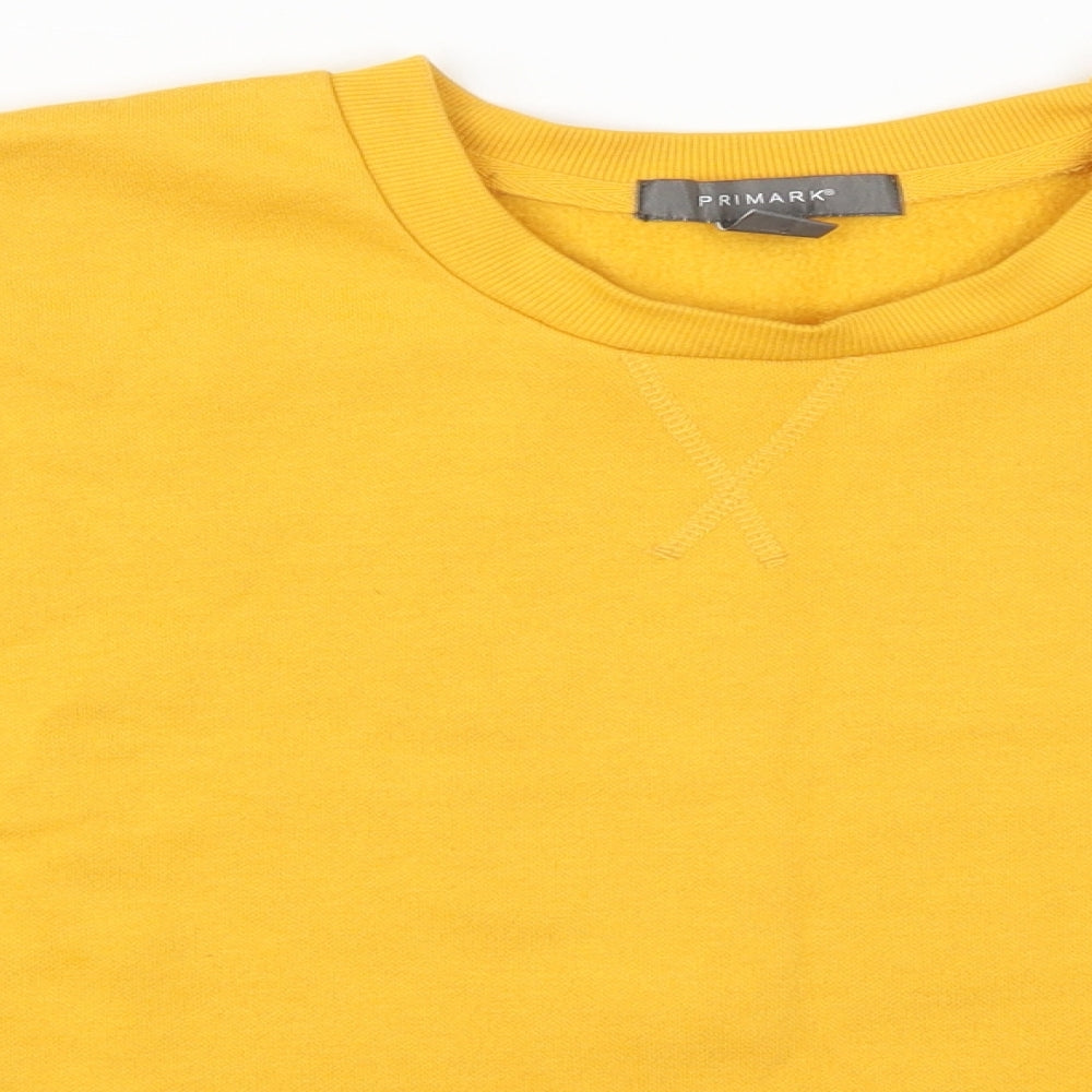 Close-up detail of Primark women’s yellow cotton pullover sweatshirt, size UK 12, pullover