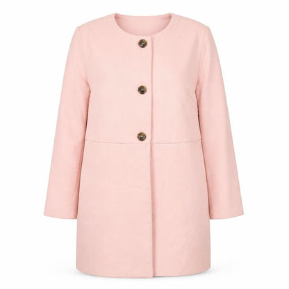 Front view of Just Fab women’s pink pea coat coat, size XL, button