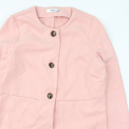 Close-up detail of Just Fab women’s pink pea coat coat, size XL, button