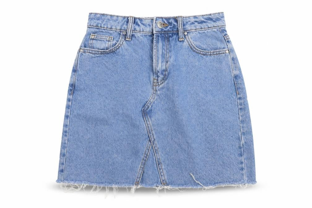 Front view of Denim Co women’s blue cotton a-line skirt, size UK 6, button