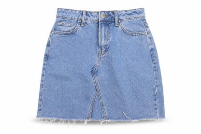 Front view of Denim Co women’s blue cotton a-line skirt, size UK 6, button