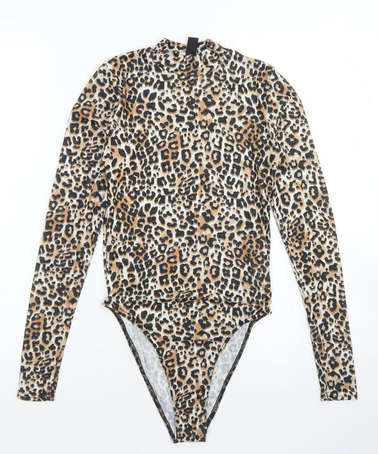 New Look Womens Brown Animal Print Polyester Bodysuit One-Piece Size 6  Snap