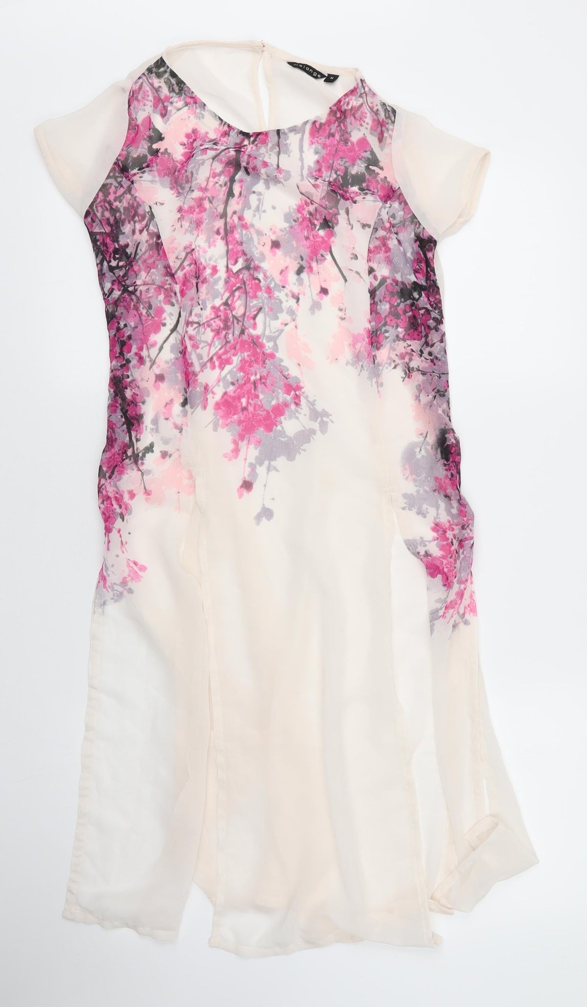 Front view of Melange women’s beige floral polyester shift, size M, round neck