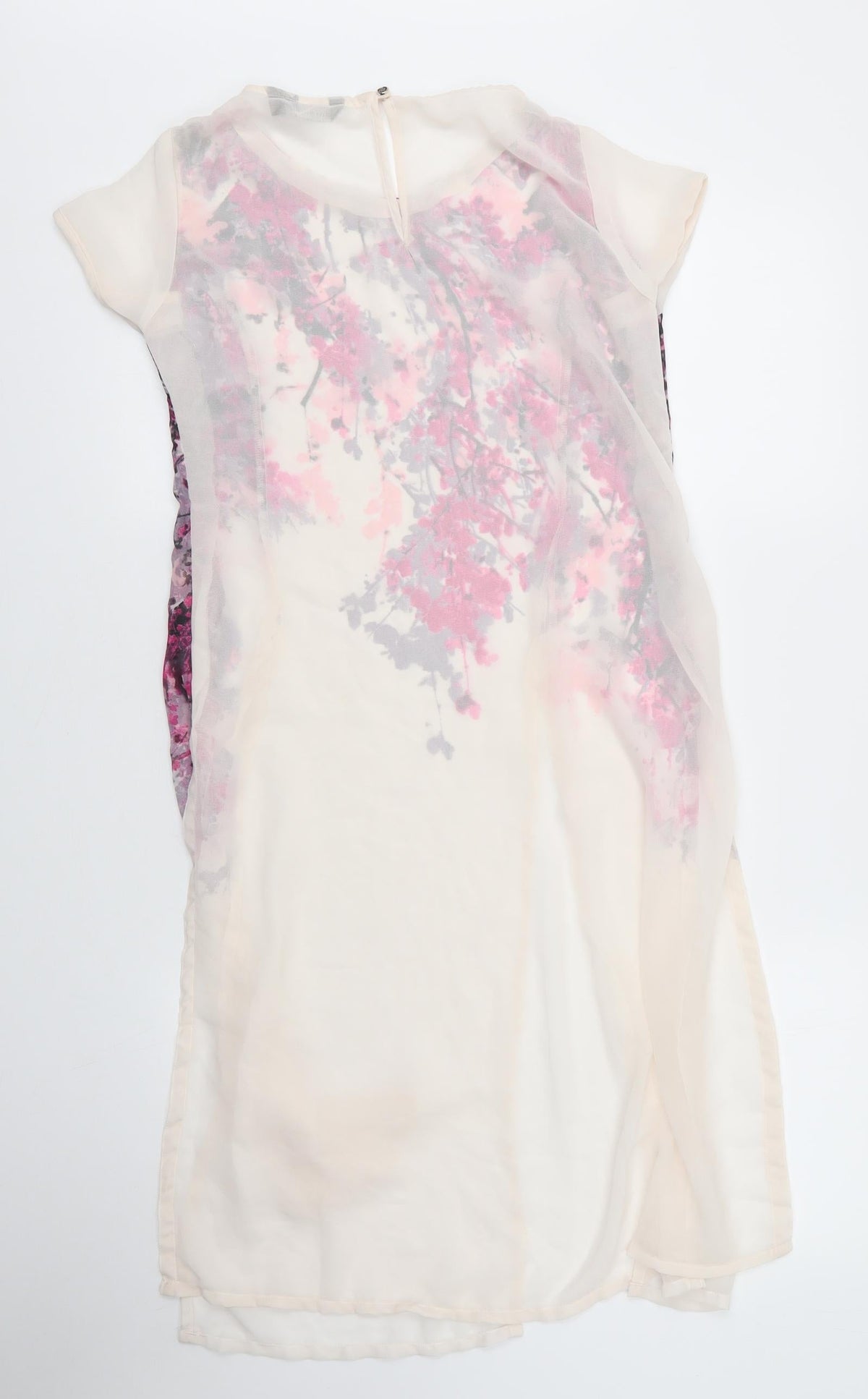 Back view of Melange women’s beige floral polyester shift, size M, round neck