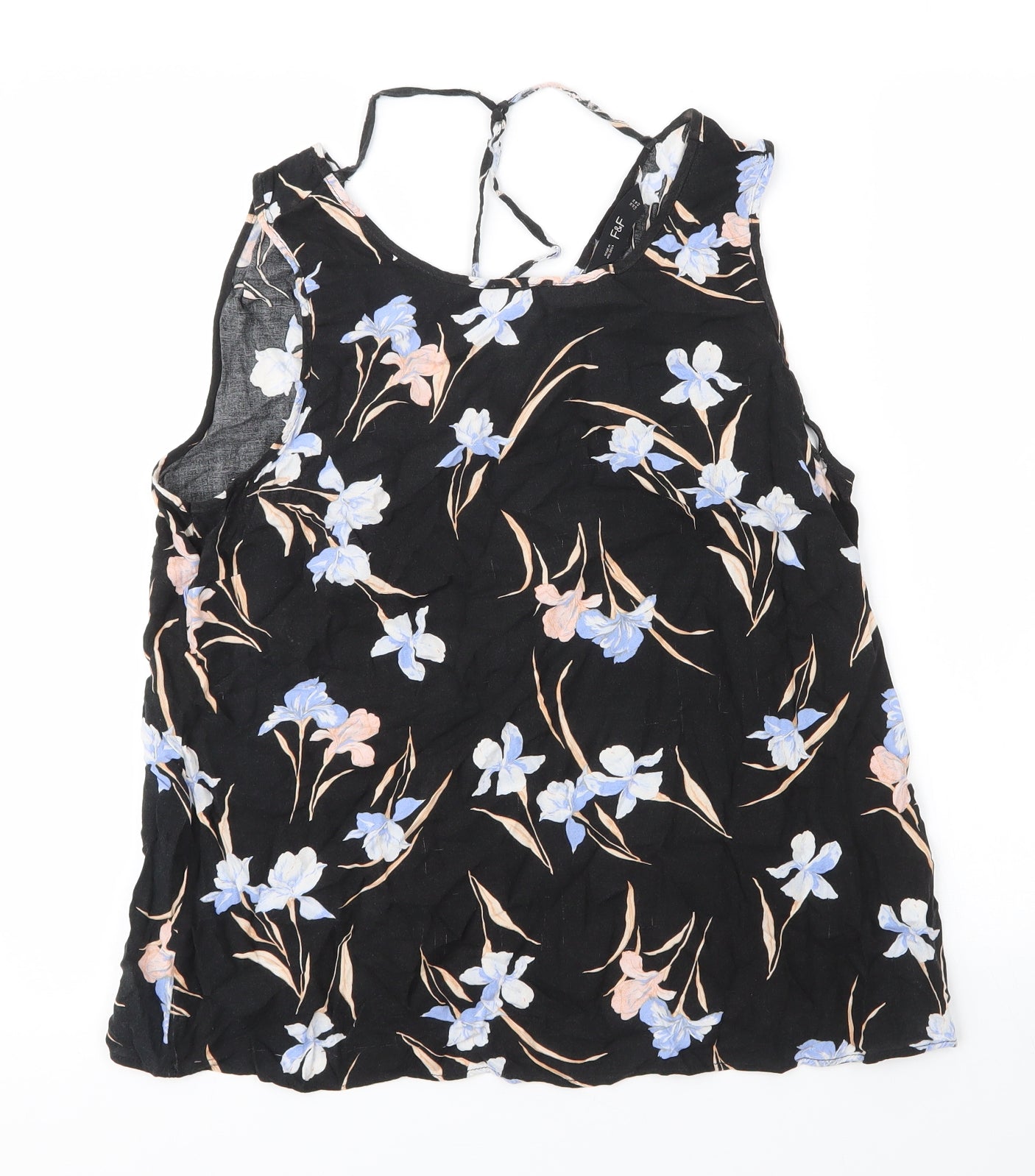 F&F Womens Black Floral Viscose Basic Blouse Size 14 V-Neck