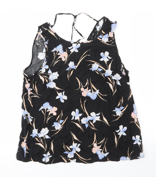 F&F Womens Black Floral Viscose Basic Blouse Size 14 V-Neck