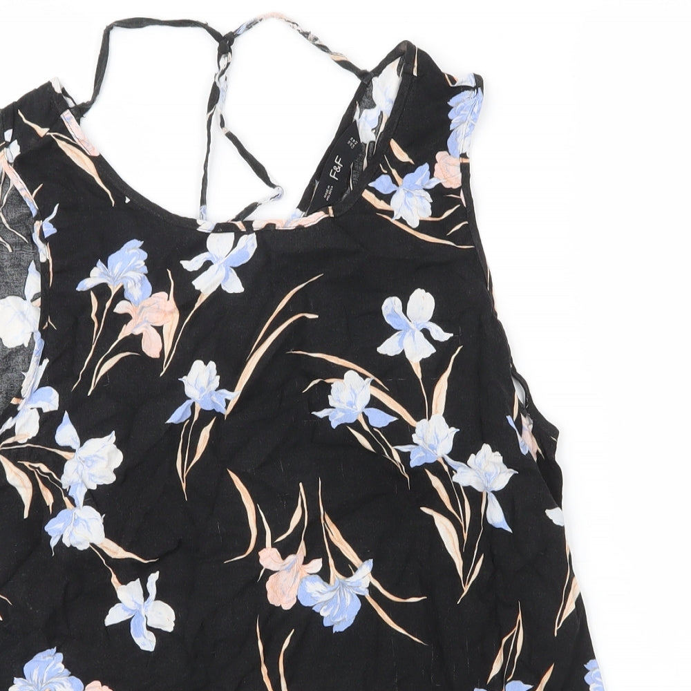 F&F Womens Black Floral Viscose Basic Blouse Size 14 V-Neck