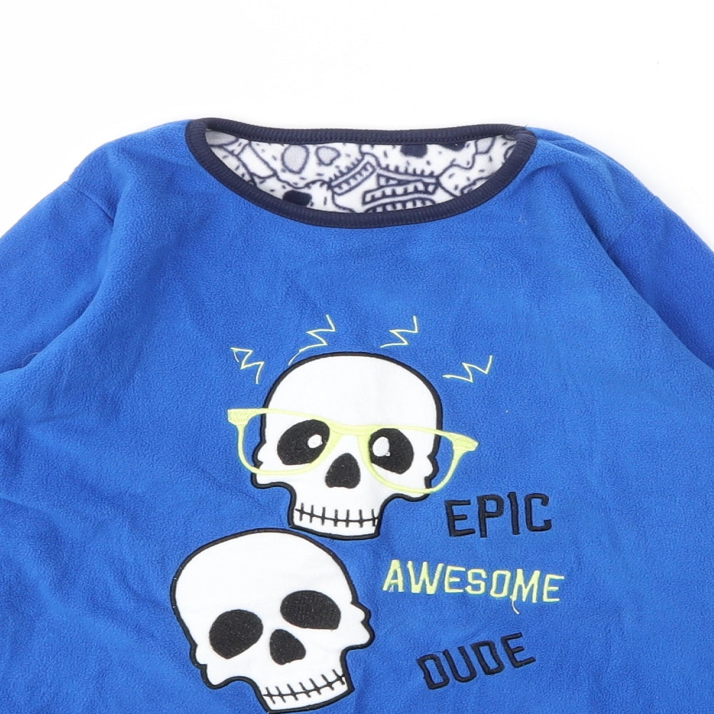 Close-up detail of Matalan boys’ blue round neck polyester jumper, size 10, years