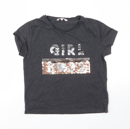 Miss Evie Girls Grey  Cotton Basic T-Shirt Size 7 Years Round Neck
