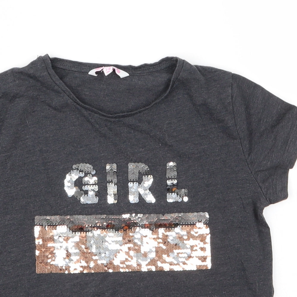 Miss Evie Girls Grey  Cotton Basic T-Shirt Size 7 Years Round Neck