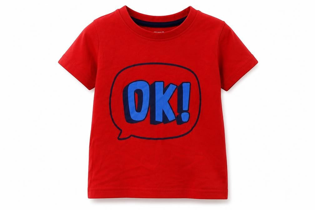 Front view of Primark boys’ red cotton basic t-shirt, size 12-18, months crew neck pullover - ok