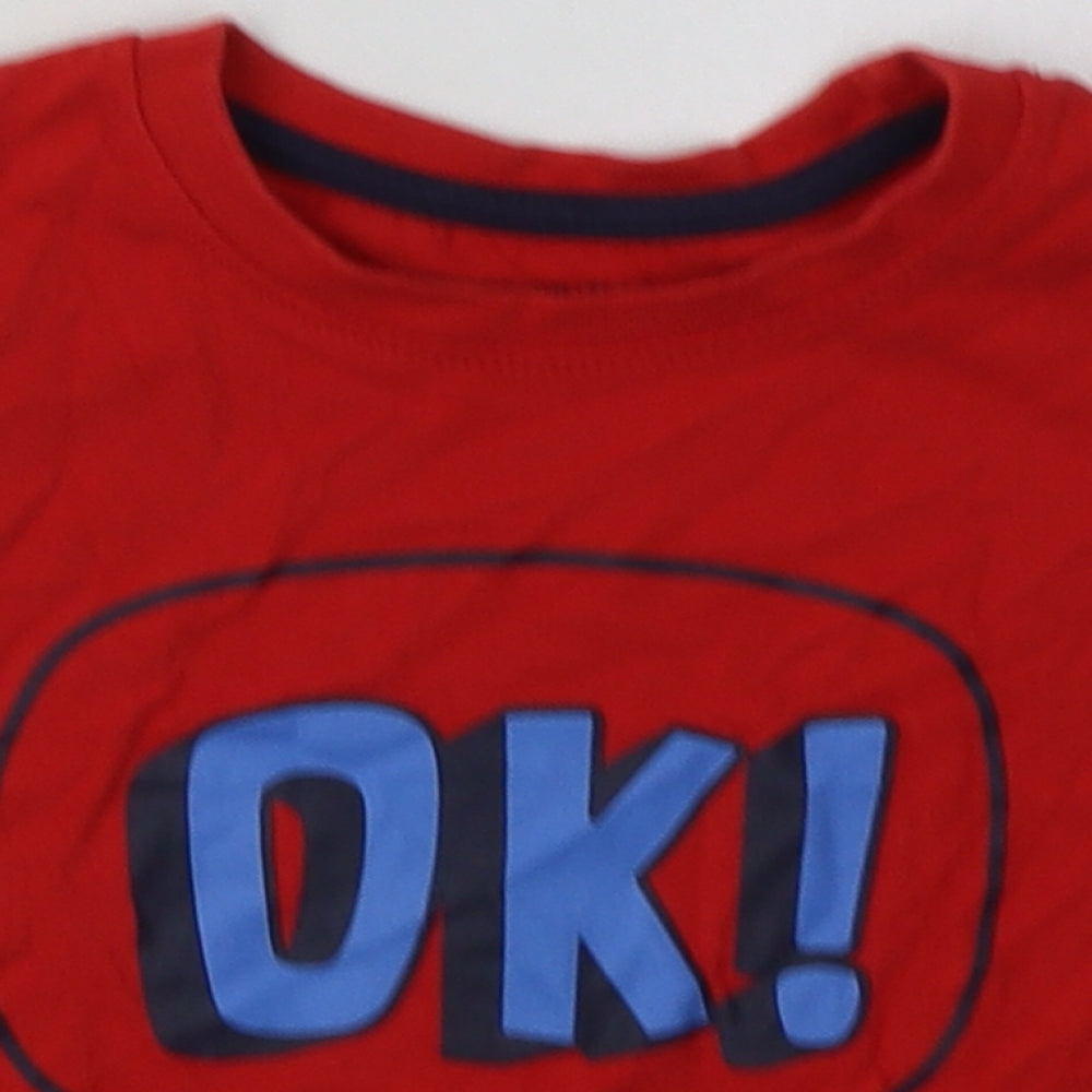 Close-up detail of Primark boys’ red cotton basic t-shirt, size 12-18, months crew neck pullover - ok