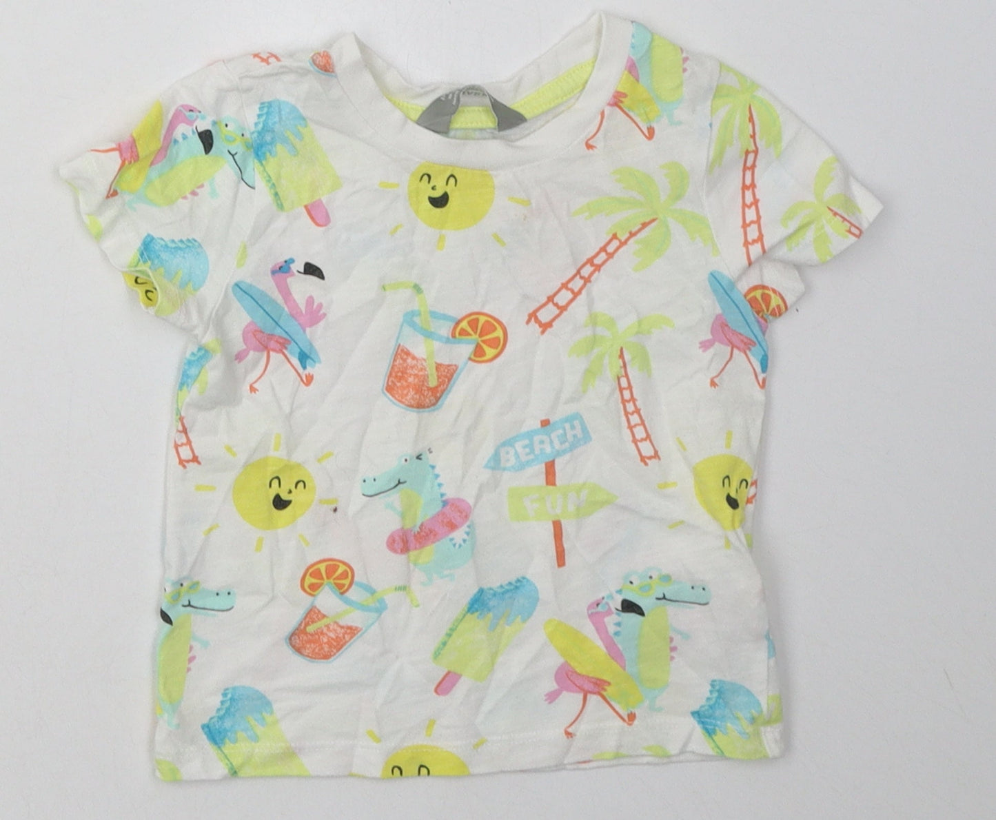 Primark Girls White Geometric Cotton Basic T-Shirt Size 18-24 Months Crew Neck Pullover - beach print