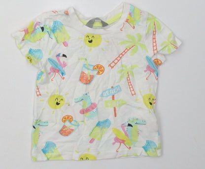 Primark Girls White Geometric Cotton Basic T-Shirt Size 18-24 Months Crew Neck Pullover - beach print