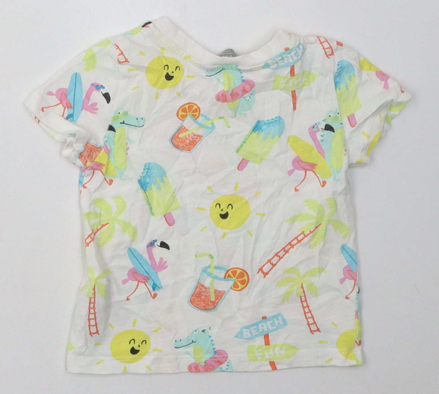 Primark Girls White Geometric Cotton Basic T-Shirt Size 18-24 Months Crew Neck Pullover - beach print