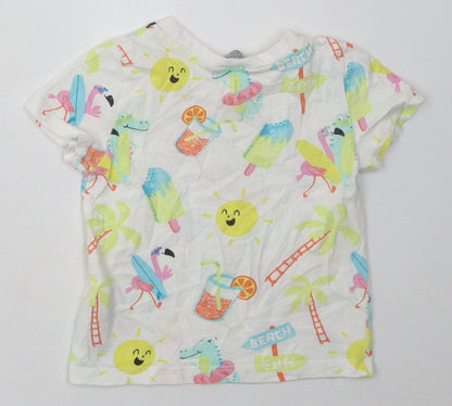 Primark Girls White Geometric Cotton Basic T-Shirt Size 18-24 Months Crew Neck Pullover - beach print