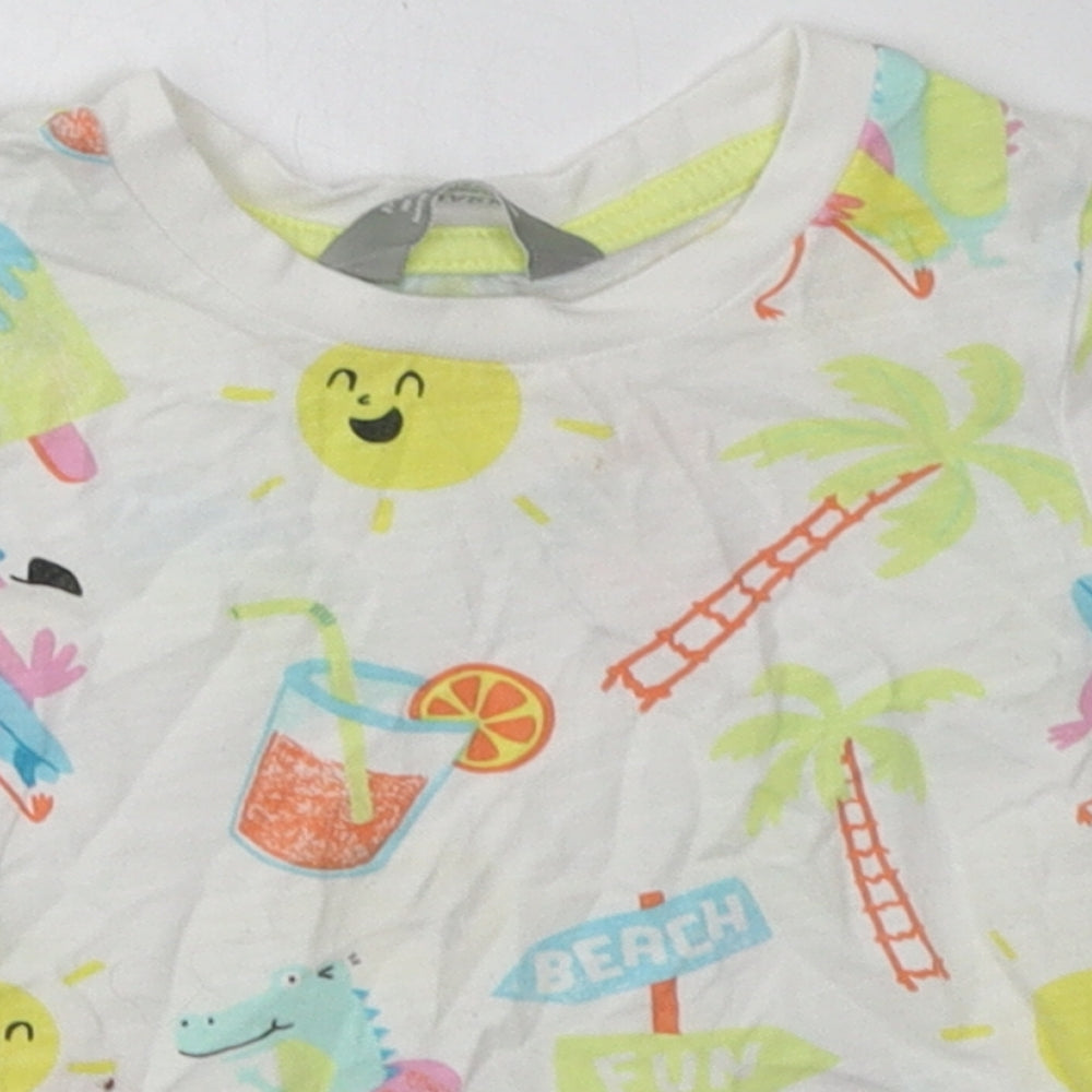 Primark Girls White Geometric Cotton Basic T-Shirt Size 18-24 Months Crew Neck Pullover - beach print