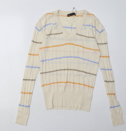 Additional front view of Marks & Spencer women’s beige striped viscose pullover sweatshirt, size S, pullover