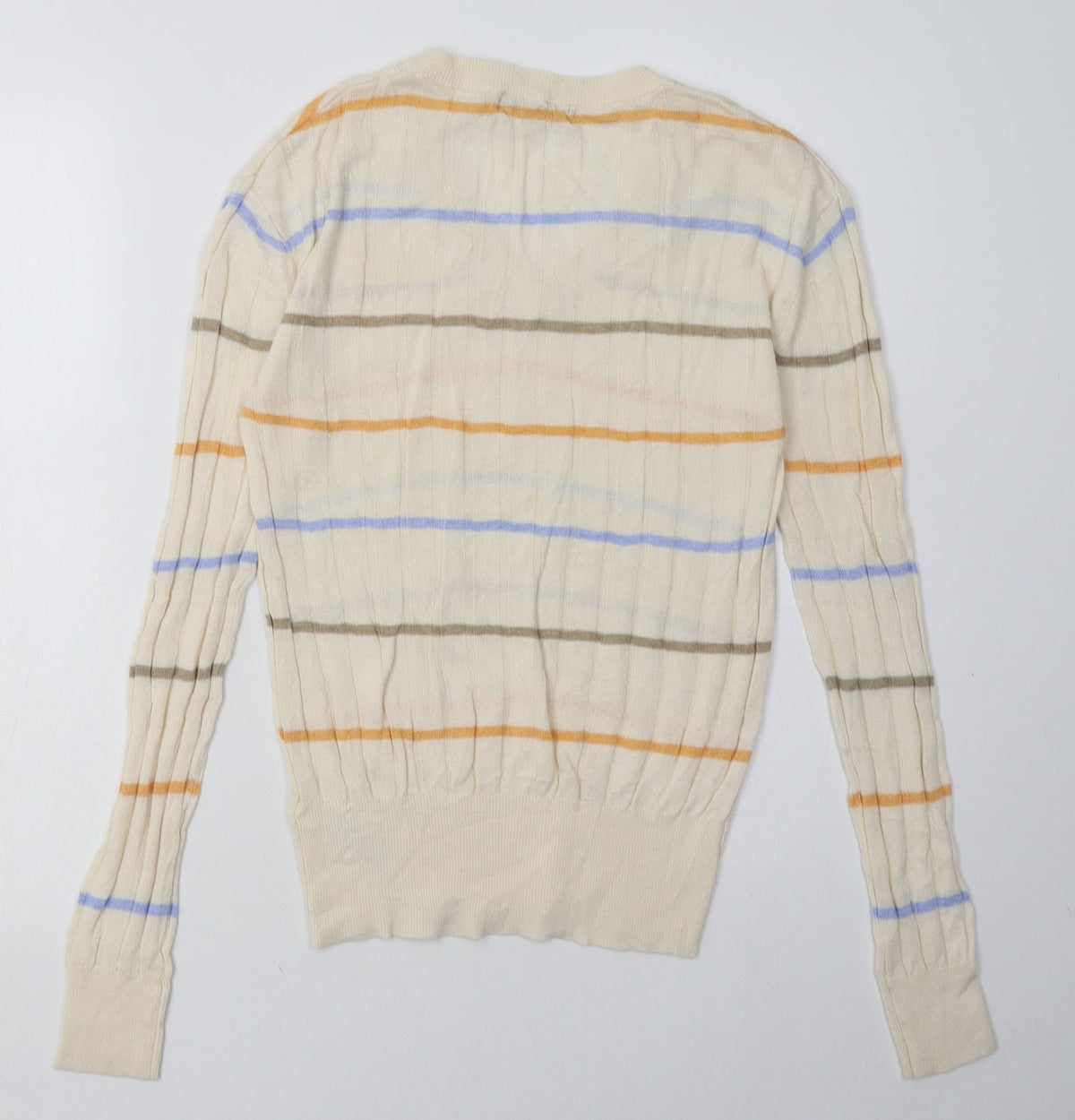 Back view of Marks & Spencer women’s beige striped viscose pullover sweatshirt, size S, pullover