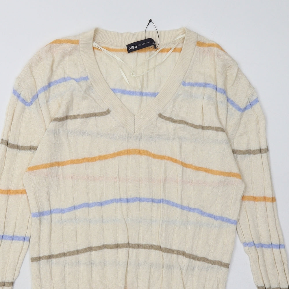 Close-up detail of Marks & Spencer women’s beige striped viscose pullover sweatshirt, size S, pullover