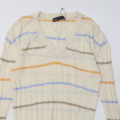 Close-up detail of Marks & Spencer women’s beige striped viscose pullover sweatshirt, size S, pullover