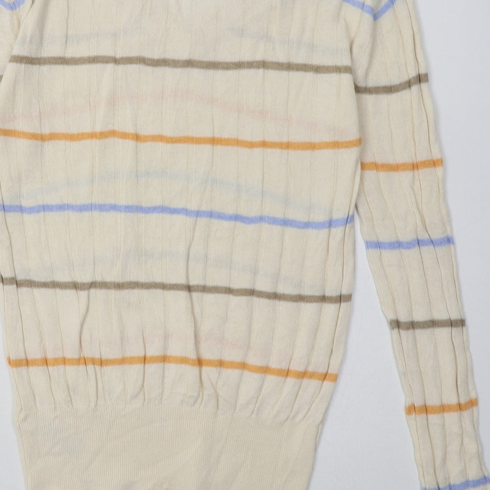 Brand and care label for Marks & Spencer women’s beige striped viscose pullover sweatshirt, size S, pullover