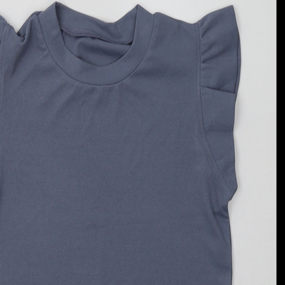 SheIn Womens Blue  Polyester Basic T-Shirt Size S Crew Neck - frill arms