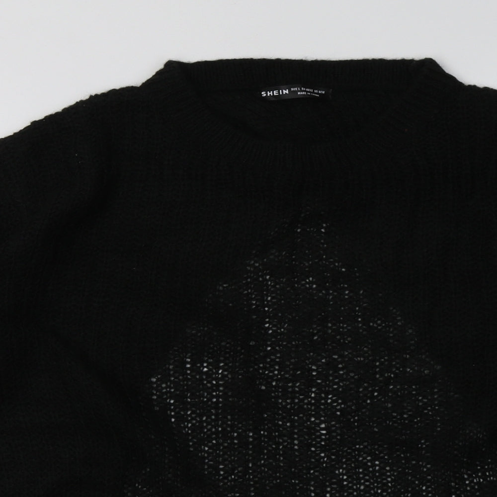 Close-up detail of SHEIN women’s black acrylic pullover sweatshirt, size L, pullover