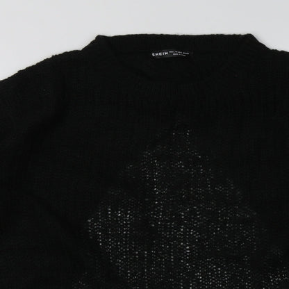 Close-up detail of SHEIN women’s black acrylic pullover sweatshirt, size L, pullover