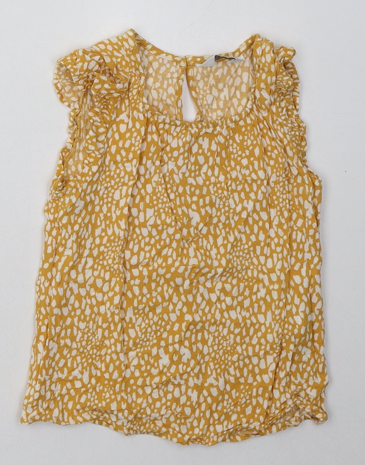 Primark Girls Yellow Animal Print Viscose Basic T-Shirt Size 7-8 Years Crew Neck Button - frill arms