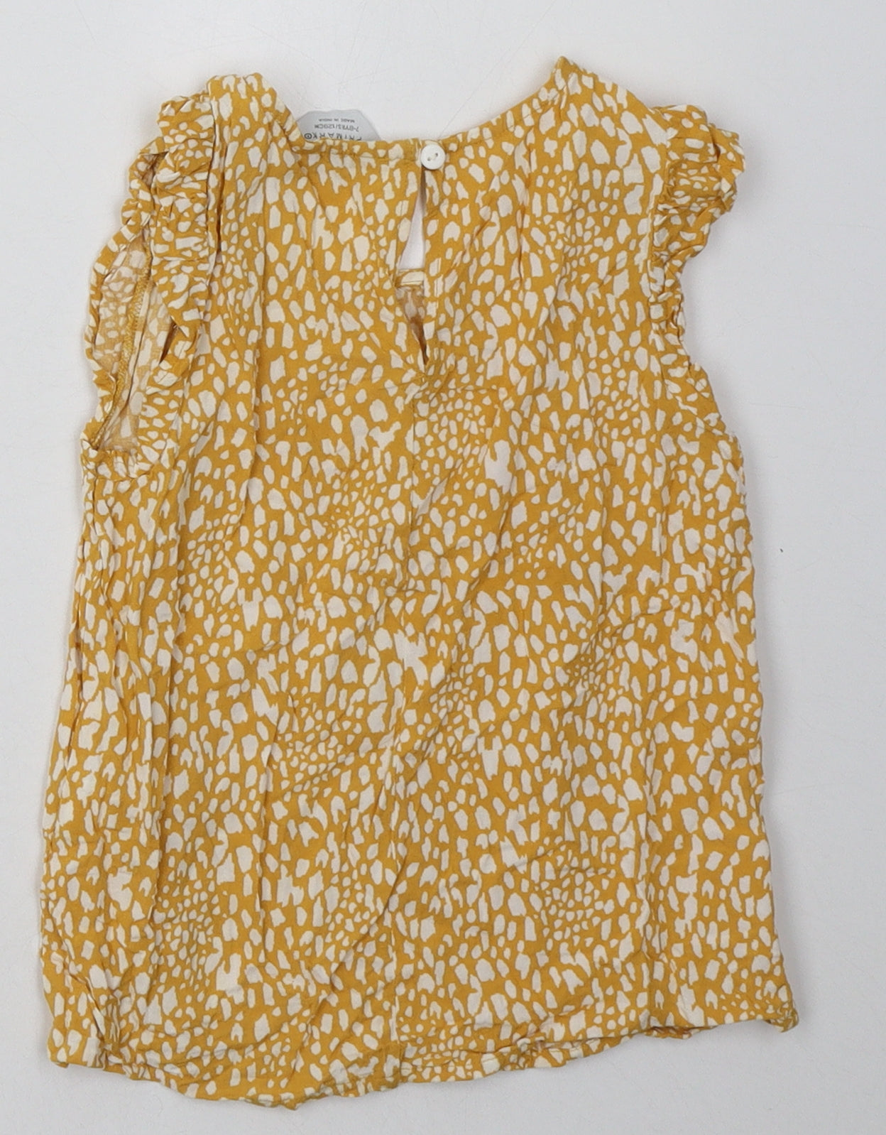 Primark Girls Yellow Animal Print Viscose Basic T-Shirt Size 7-8 Years Crew Neck Button - frill arms