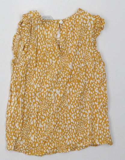 Primark Girls Yellow Animal Print Viscose Basic T-Shirt Size 7-8 Years Crew Neck Button - frill arms