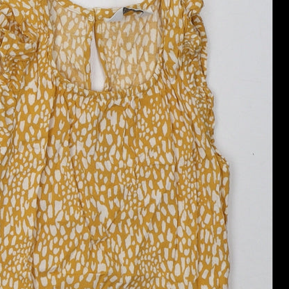 Primark Girls Yellow Animal Print Viscose Basic T-Shirt Size 7-8 Years Crew Neck Button - frill arms