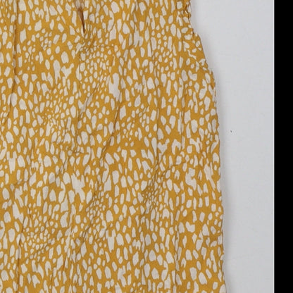 Primark Girls Yellow Animal Print Viscose Basic T-Shirt Size 7-8 Years Crew Neck Button - frill arms