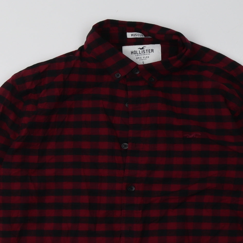 Hollister Mens Red Check Cotton  Polo Size S Collared Button - muscle fit