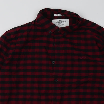 Hollister Mens Red Check Cotton  Polo Size S Collared Button - muscle fit