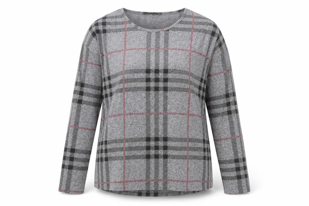 Front view of aniston women’s grey check polyester pullover sweatshirt, size UK 14, pullover