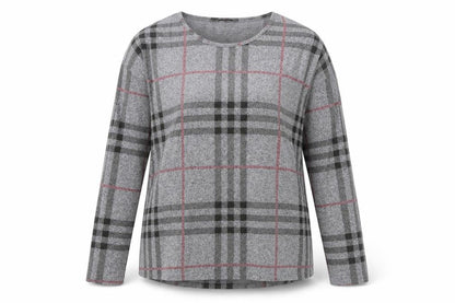 Front view of aniston women’s grey check polyester pullover sweatshirt, size UK 14, pullover