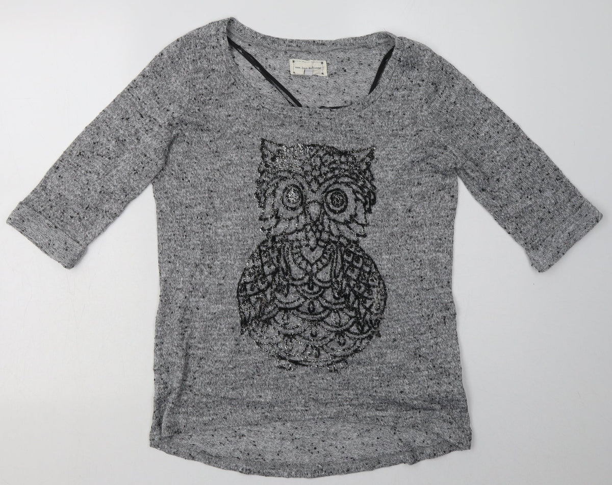 Additional front view of New Look women’s grey animal print polyester pullover sweatshirt, size UK 12, pullover - owl